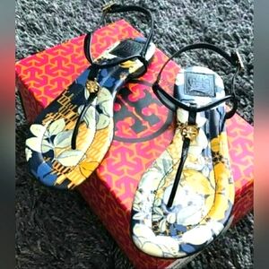 Tory Burch Designer Emmy Navy Yellow Floral Sandals Thong Flip Flop Sz 11